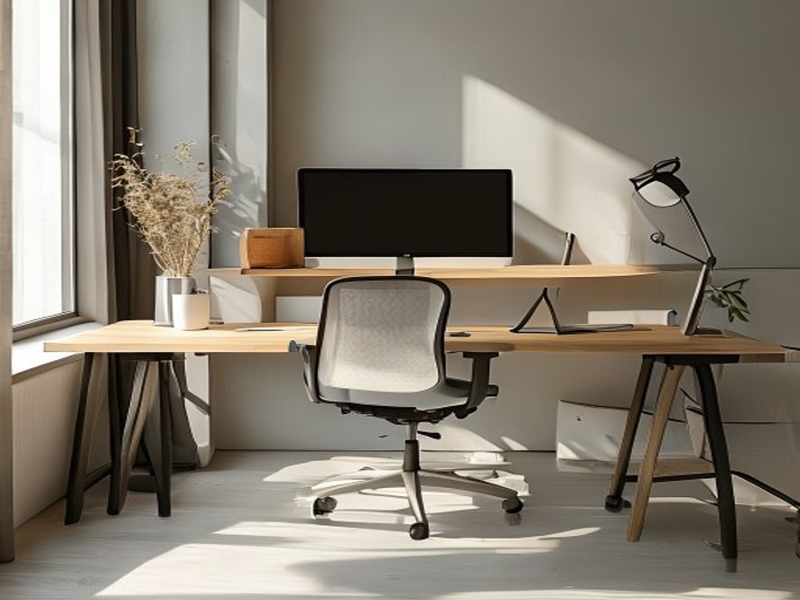 Ergonominen työpöytä kirkkaasti valaistussa toimistossaan aamulla