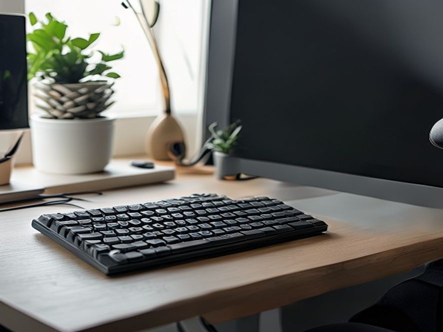 Ergonominen näppäimistö ja hiiri pöydällä